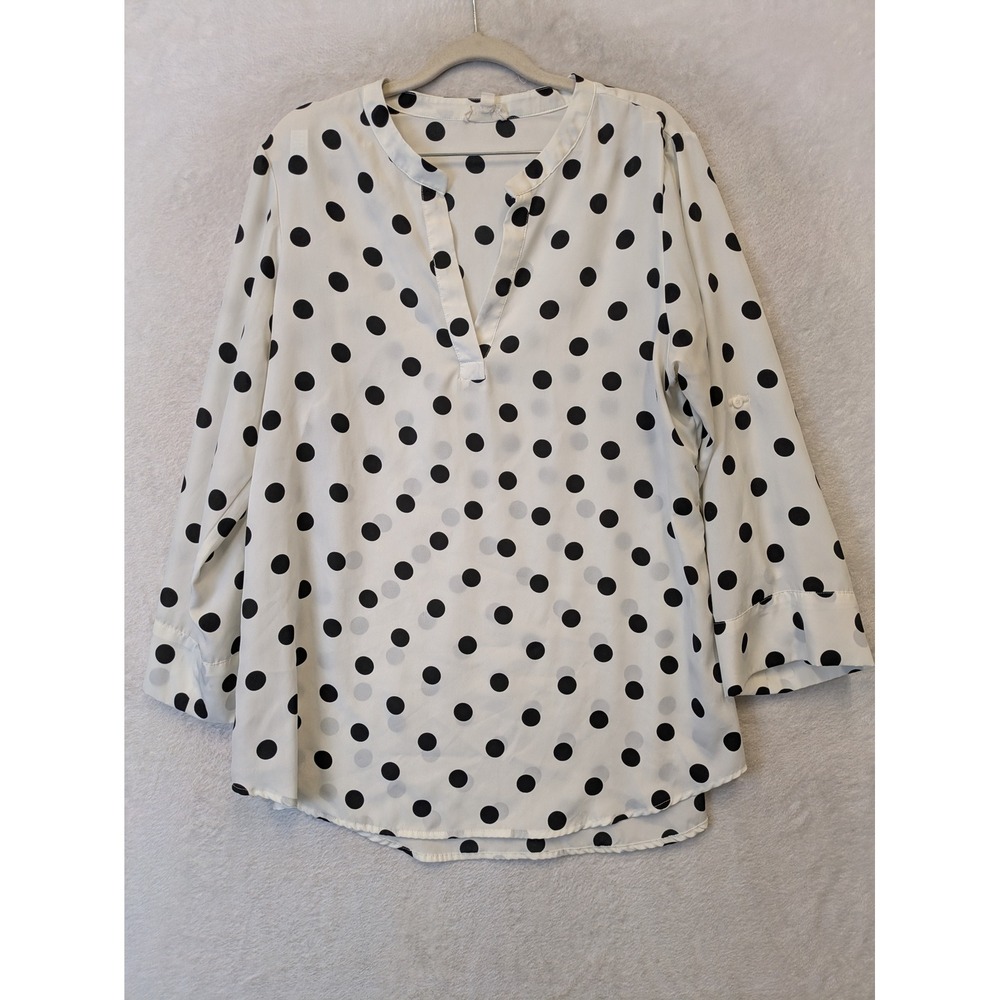 Maison Jules Blouse Women's XL White Black‎ Polka Dot Roll Tab Sleeve Split Neck